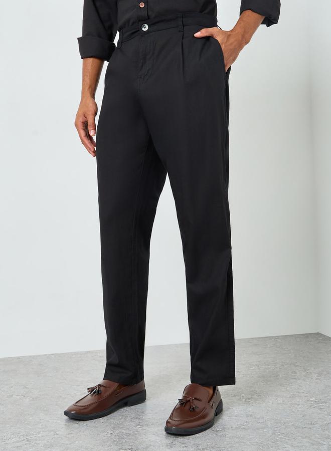 Styli Men Black Pleated Tapered Linen Trousers - Image 4